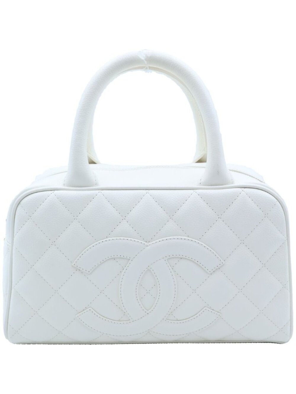 Chanel Quilted CC Logo Mini Boston Handbag White Caviar Leather Gold